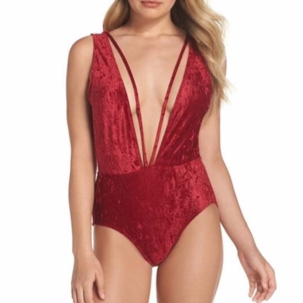 Leith Red Velvet Strappy Bodysuit Size S NWT